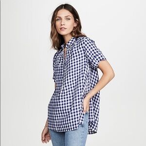 AYR Burst Linen Blue Gingham check popover blouse